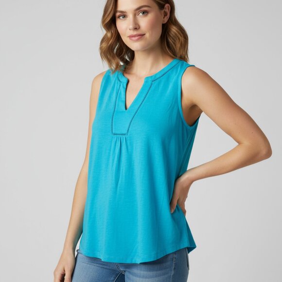 St. John's Bay Womens Split Crew Neck Sleeveless Coastal Turquoise. Tank Top - Picture 1 of 7